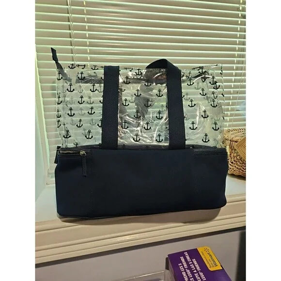 Nautical Anchors Navy Blue Tote with Elevated Zip Bottom Cooler NWTs - Picture 2 of 6